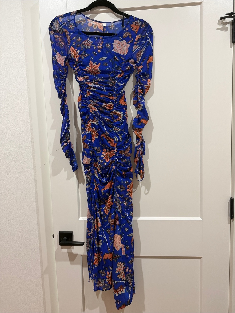 Blue Floral Ruched Long Sleeve Maxi Dress